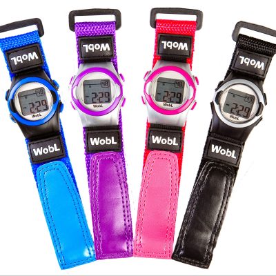 WobL potty training watch, blue, purple, pink, black